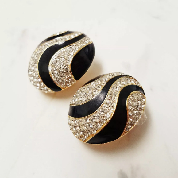 SOLDStJohn Black Enamel RhinestoneGoldClipEarrings - Picture 3 of 8